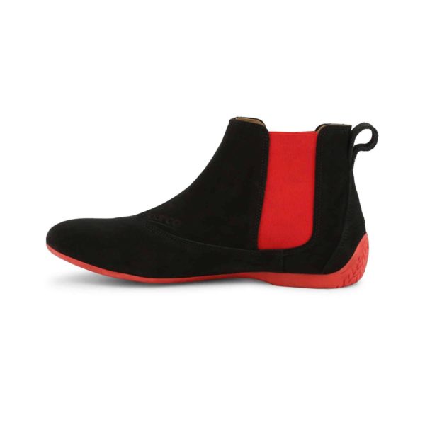 Sparco Misano Black Red Shoes Ankle Boots in Suede Picture4: Misano ankle boot is made with nothing but comfort in mind, these stylish shoes by Sparco make the perfect addition to any outfit. Sparco Misano a sporty ankle boot made from Black suede, leather-lined and matched with a rubber sole. Pair Sparco Misano with tailored pants and a casual shirt for the weekend.