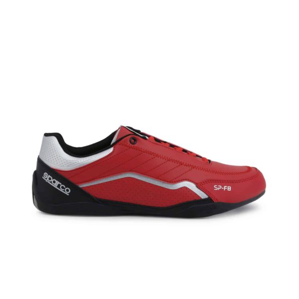 Sparco SP-F8 Red Shoes Sneakers Picture1: Designed for ultimate street durability and performance, Sparco SP-F8 Red Shoes is what you’d expect in a competition driving shoes. That is why these shoes/boots feature a thin sole for maximum pedal feel and control. The sole continues up the heel's back to provide a smooth and stable pivoting point for heel-toe shifting. Comfortable shoes/boots that can be used for everyday car and motorbike driving, touring, racing, karting and even sim racing.