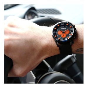 Sparco Fernando Black/Orange Watch Picture12: The sporty Fernando watch from Sparco accompanies you in your everyday life by providing an inimitable racing touch to your look. This model from Sparco is designed to complement differing outfits from sportswear to casual wear. The sporty design with a durable Black strap is sure to impress.