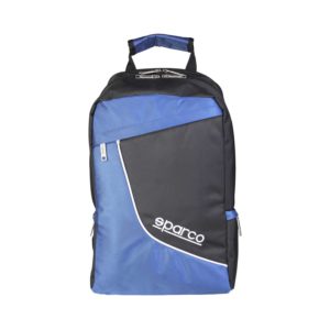 Sparco F12 Blue Backpack Bag Picture8: Sparco F12 is a medium-size backpack or travel bag with an adjustable shoulder straps, one padded compartment a top handle and more. The backpack has zipped closure with buckles and zipped side pockets. Sparco logo is printed at the front.