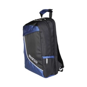 Sparco F12 Blue Backpack Bag Picture10: Sparco F12 is a medium-size backpack or travel bag with an adjustable shoulder straps, one padded compartment a top handle and more. The backpack has zipped closure with buckles and zipped side pockets. Sparco logo is printed at the front.