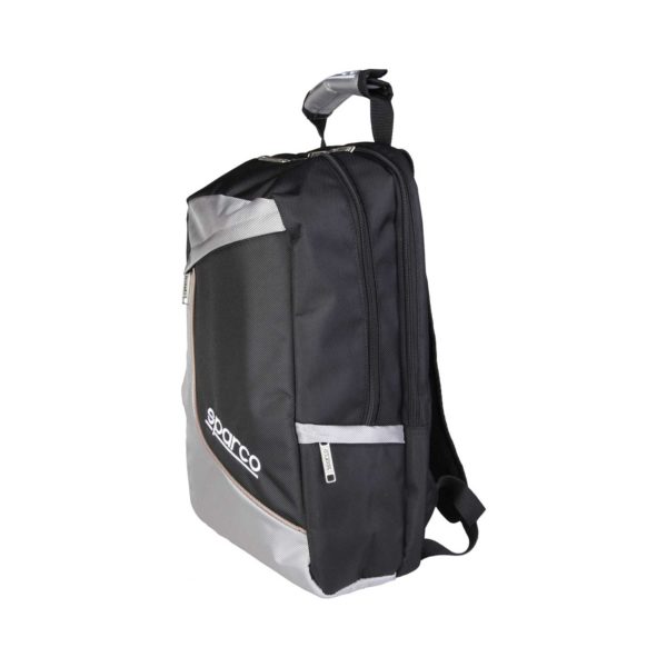 Sparco F12 Grey Backpack Bag Picture3: Sparco F12 is a medium-size backpack or travel bag with an adjustable shoulder straps, one padded compartment a top handle and more. The backpack has zipped closure with buckles and zipped side pockets. Sparco logo is printed at the front.